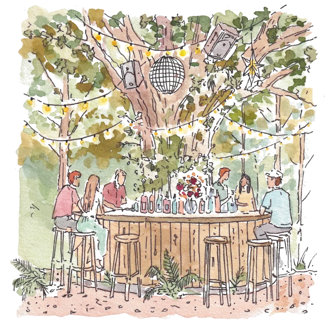 Watercolour illustration of guests on stools at a round wooden bar beneath an oak tree hung with a disco ball and speakers.