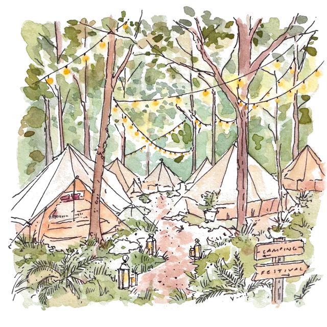 Watercolour illustration of bell tents among the trees, with lanterns lining a path and a signpost to the camping and festival.