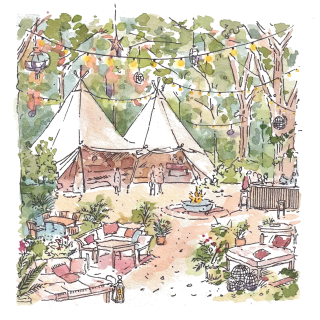 Watercolour illustration of the Folly Woods hub: bell tents, a fire pit, sofas and a bar beneath festoon lights in the woods.