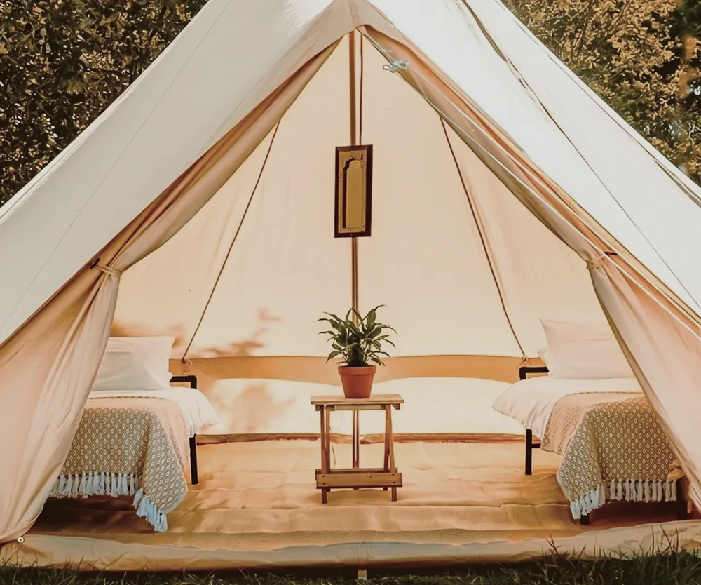 A Folly Woods bell tent on the grass among the trees, its door tied open to show two made-up single beds and a potted plant.