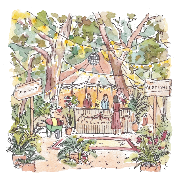 Watercolour illustration of the Folly Woods reception desk, with signposts to the Folly and the Festival and a wheelbarrow of luggage.