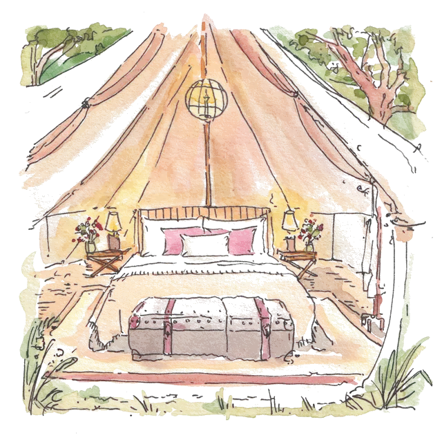 Watercolour illustration of a bell tent interior with a double bed, pink cushions, bedside lamps and a travel trunk.